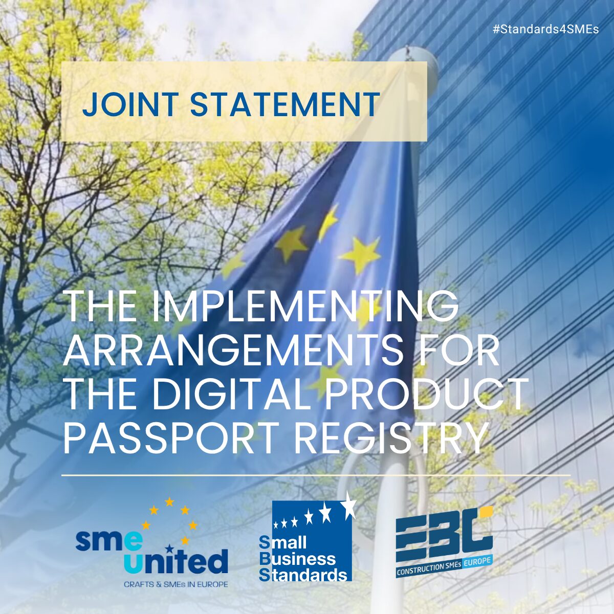 POST - Joint Statement EBC x SBS x SMEunited 1 • SBS • SBS Cover image for the Joint Statement about the Digital Product Passport Registry, featuring an EU flag and partner logos