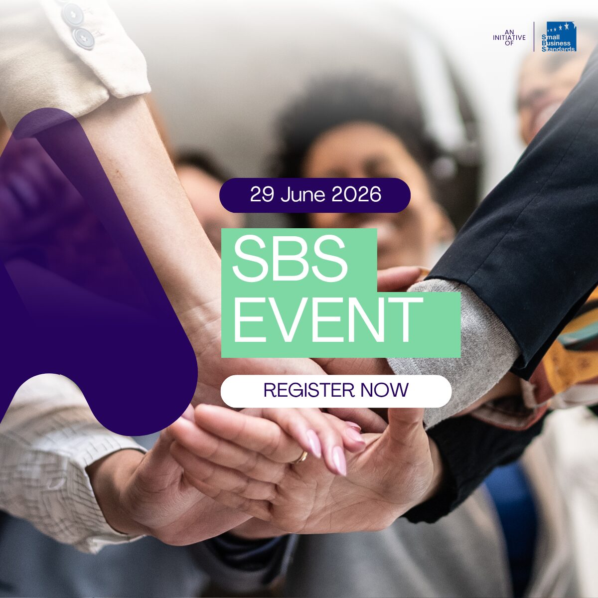 Event banner: hands joined together to symbolize teamwork, with SBS EVENT and Register Now CTA overlayed (29 June 2026).